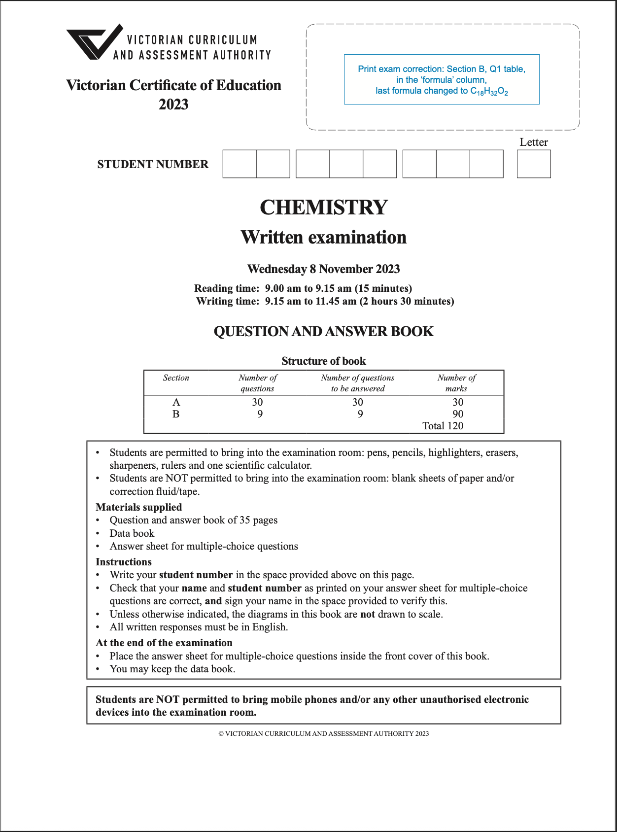VCE Chemistry 2023 Exam Thumbnail